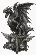 Evil black dragon with wings opened creating a shelter with a dj and two turntables and a mic inbetween the wings infron tattoo design idea