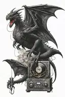 Evil black dragon with wings opened creating a shelter with a dj and two turntables and a mic inbetween the wings infron tattoo design idea