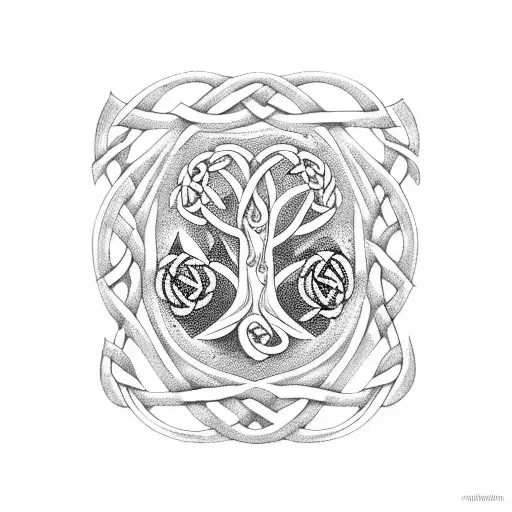tree of life with Celtic knots and roses tattoo design idea