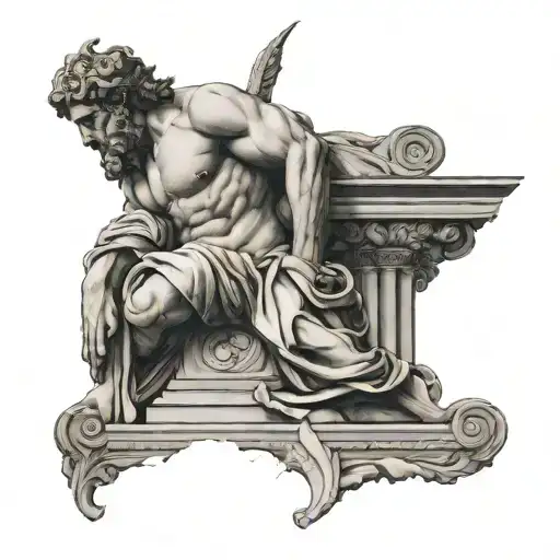 A black and grey tattoo design representing a mythical Greek figure within a grand architectural setting tattoo design idea