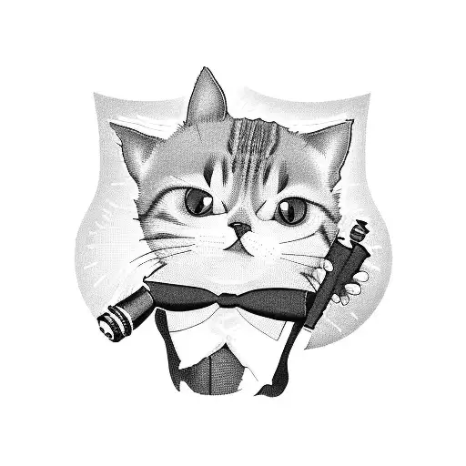 A blackwork tattoo of a cat wearing a bowtie and holding a sonic screwdriver (Doctor Who) while sitting on a stack of books tattoo design idea