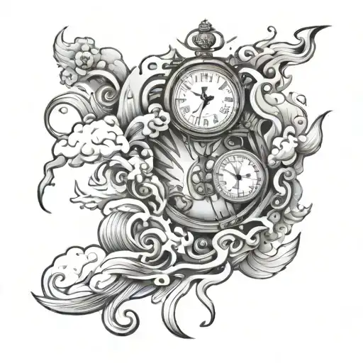 time piece with clouds fire rain tattoo design idea