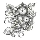 time piece with clouds fire rain tattoo design idea