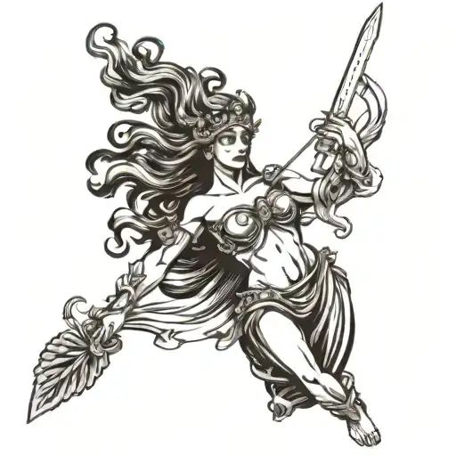 Greek god astraea holding balance and sword with blindfold on eyes. Looking foward. Holding out balance. Black and white tattoo design idea