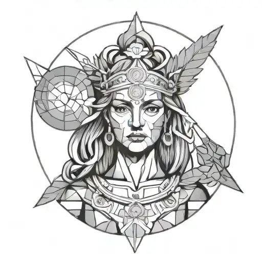 Greek god astraea holding balance with blindfold on eyes. Looking foward. Holding out balance.  tattoo design idea