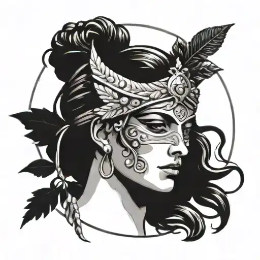 Greek god astraea holding balance with blindfold on eyes. Looking foward. Holding out balance. Black and white tattoo design idea