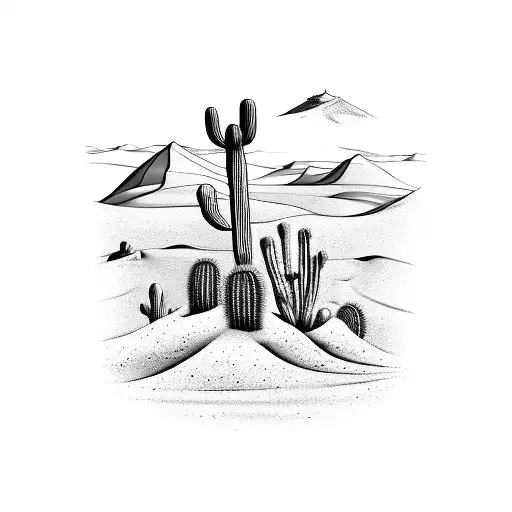 A blackwork tattoo of a motorcycle rider exploring a desert landscape with cacti and sand dunes tattoo design idea