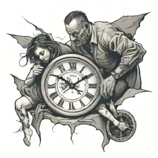 A haunting image of a broken clock, a father, and his daughter falling into a pit of despair, capturing the heartache of a separation tattoo design idea