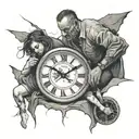 A haunting image of a broken clock, a father, and his daughter falling into a pit of despair, capturing the heartache of a separation tattoo design idea