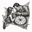 A haunting image of a broken clock, a father, and his daughter falling into a pit of despair, capturing the heartache of a separation tattoo design idea