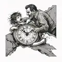 A haunting image of a broken clock, a father, and his daughter falling into a pit of despair, capturing the heartache of a separation tattoo design idea