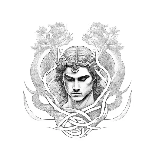 A sensual depiction of the Greek god Apollo intertwined with a tree of life symbolizing growth and connection tattoo design idea