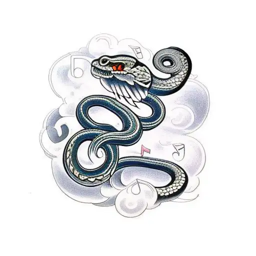 Traditional style tattoo of a snake and crow forming a musical staff tattoo design idea