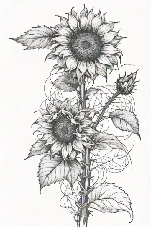 half dead half alive sunflower with barbed wire stem tattoo design idea