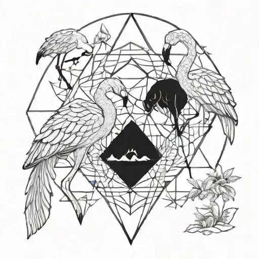 An intricate geometric design inspired by sacred geometry, featuring flamingos and bears as symbols of spiritual enlightenment tattoo design idea