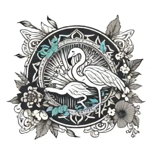 A mystical mandala design incorporating elements of spiritualism and featuring a flamingo and bear intertwined tattoo design idea