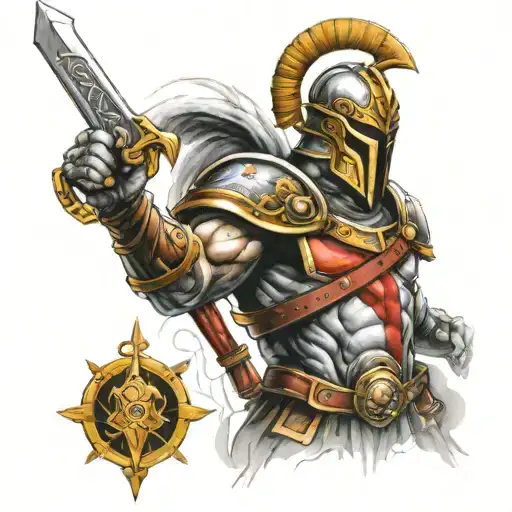 Ares god of war in Spartan armor in battle tattoo design idea