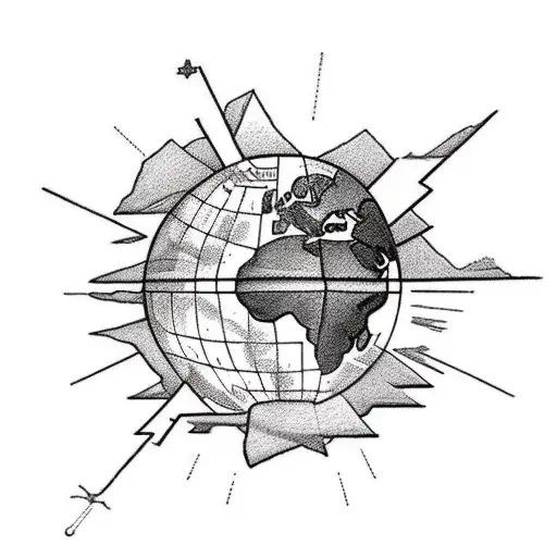 atlas holding the world with a greek building beneath him, some lightning bolts, and make it look like a statue tattoo design idea