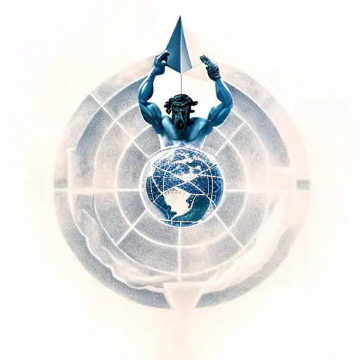 atlas holding up the world with a greek building beneath him, some lightning bolts, and make it look like a statue tattoo design idea