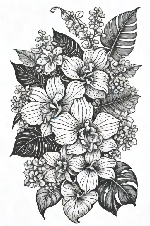 simulate a tattoo with the following mix of flowers: astromelia, orchid, milk cup and monstera tattoo design idea