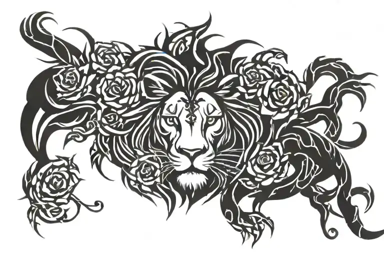 Tribal lion with roses and tree roots reaching deep tattoo design idea