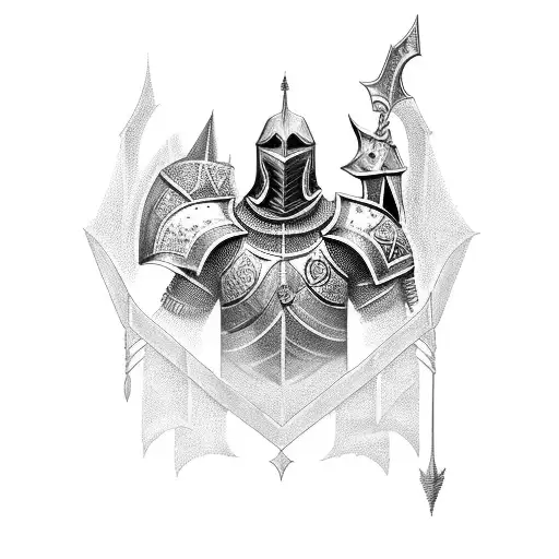 Generate a shoulder tattoo design from the following. The design depicts an imposing and fierce medieval knight in a fig tattoo design idea