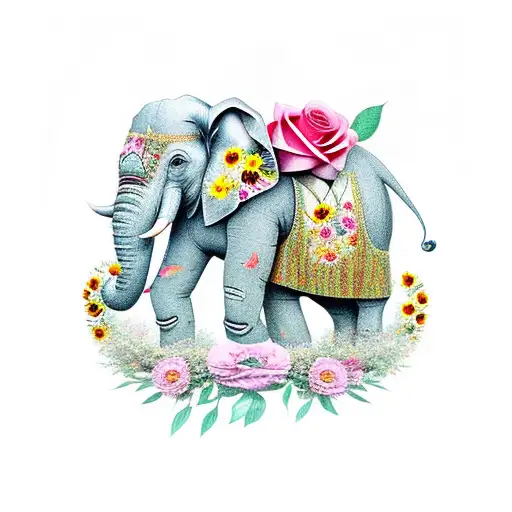 Elephant With Roses and Sunflowers tattoo design idea