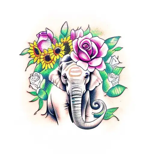 Elephant With Roses and Sunflowers tattoo design idea
