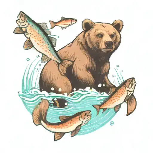  bear playing with salmon underwater tattoo design idea