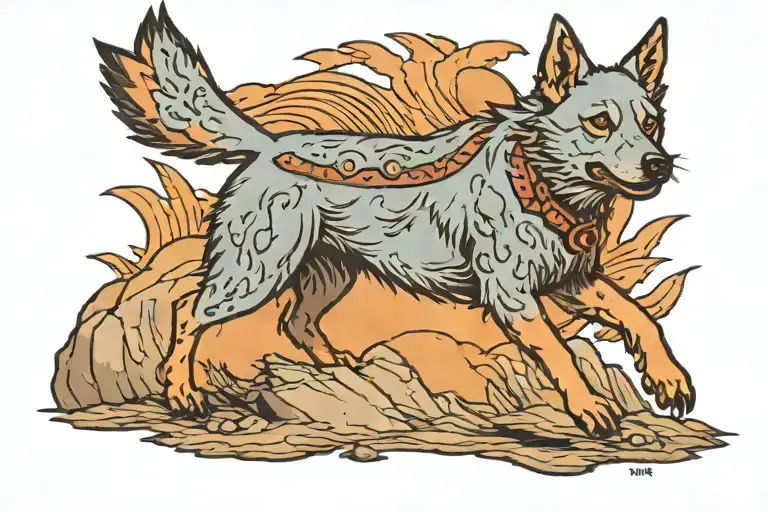  blue Cattledog running  across a mountain range tattoo design idea