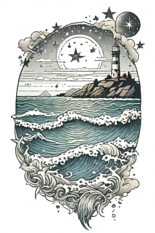 sea and sky filled with stars tattoo design idea