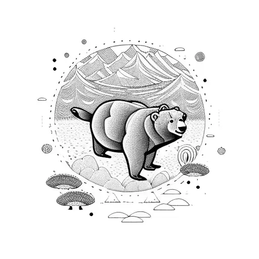 A psychedelic bear fishing in a river surrounded by colorful mushrooms tattoo design idea