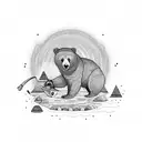 A psychedelic bear fishing in a river surrounded by colorful mushrooms tattoo design idea