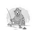 A psychedelic bear fishing in a river surrounded by colorful mushrooms tattoo design idea