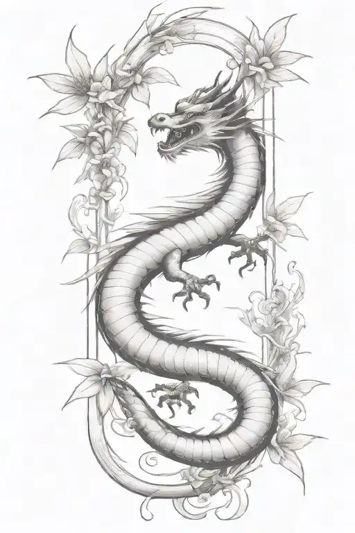 simple thin bamboo sticks with a traditional Japanese dragon flying up  tattoo design idea