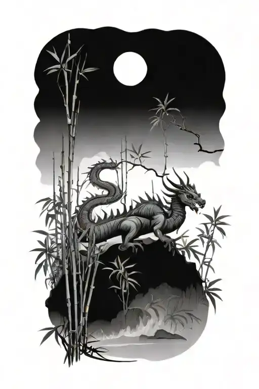 Japanese bamboo forest with a dragon going through it tattoo design idea