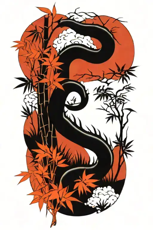 Japanese bamboo forest with a dragon going through it tattoo design idea