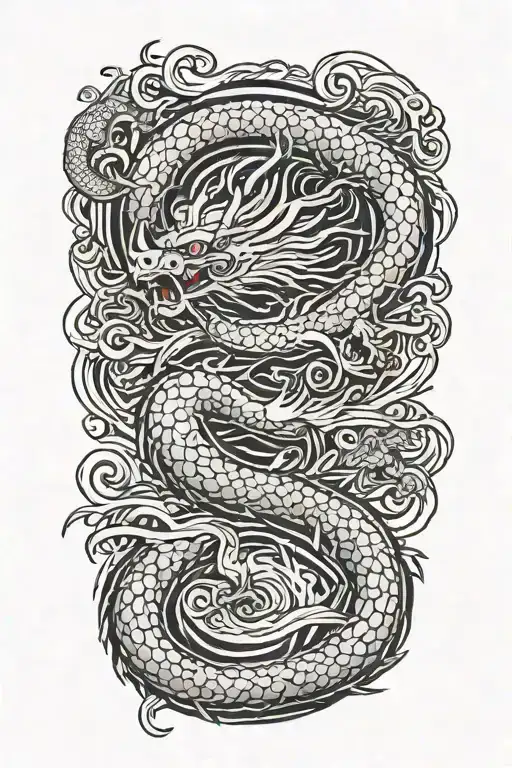 thin bamboo sticks with a traditional Japanese dragon flying up  tattoo design idea