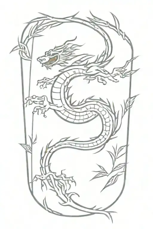 thin bamboo sticks with a traditional Japanese dragon flying up  tattoo design idea