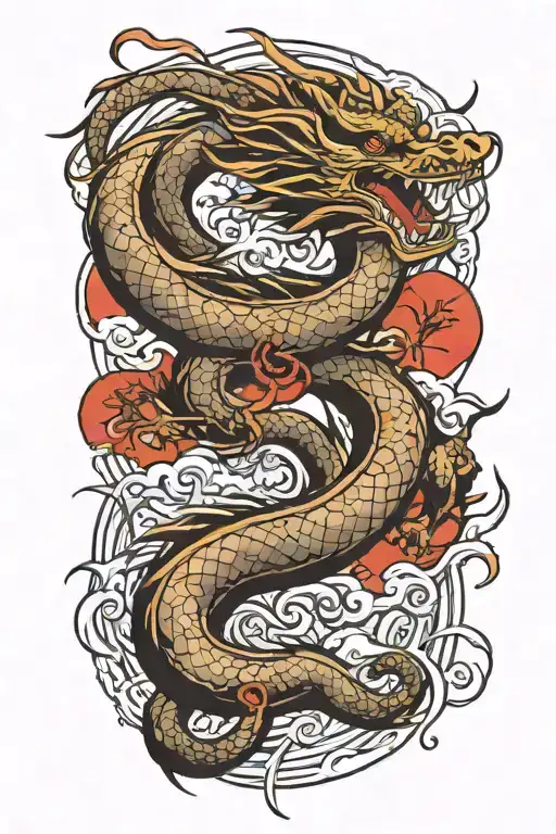 thin bamboo sticks with a traditional Japanese dragon flying up  tattoo design idea