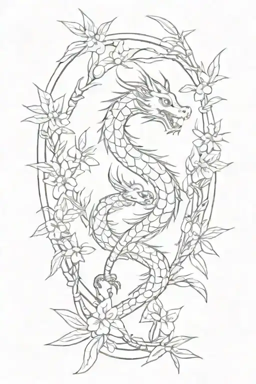simple thin  bamboo sticks with leaves and a Japanese dragon wrapped tattoo design idea