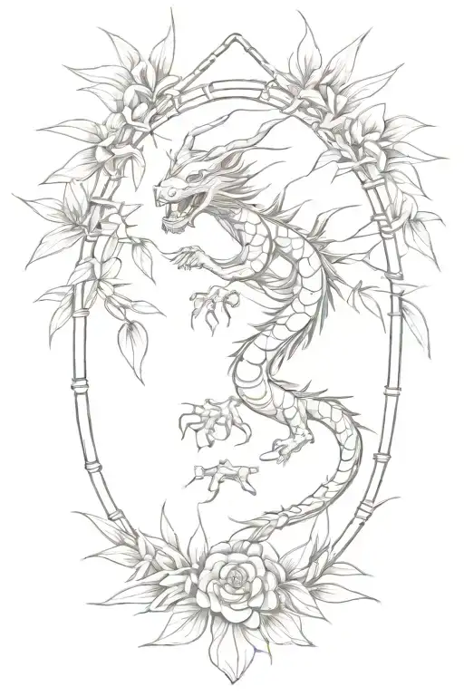 simple thin  bamboo sticks with leaves and a Japanese dragon wrapped tattoo design idea