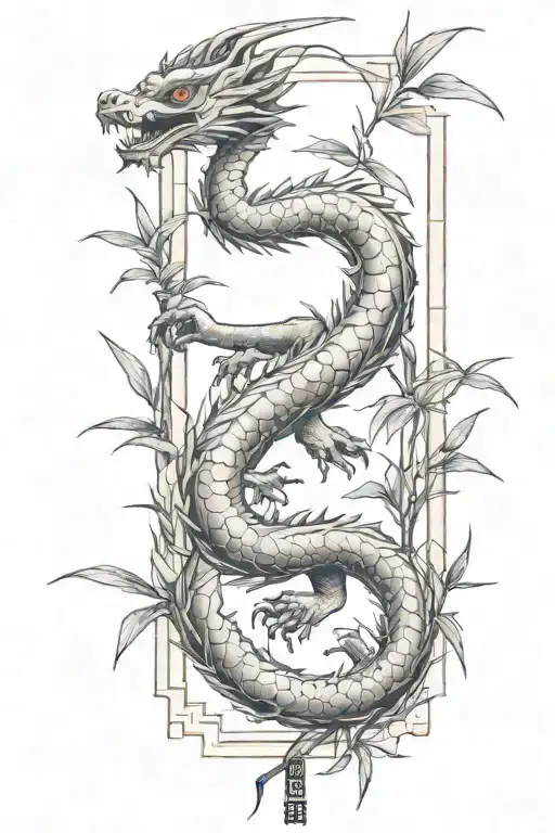 simple thin bamboo sticks with a traditional Japanese dragon flying up  tattoo design idea