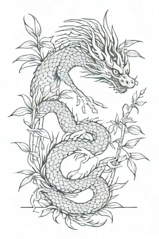 traditional Japanese dragon going through a thin bamboo forest tattoo design idea