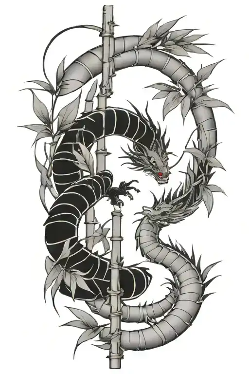 bamboo sticks with leaves and a Japanese dragon wrapped tattoo design idea
