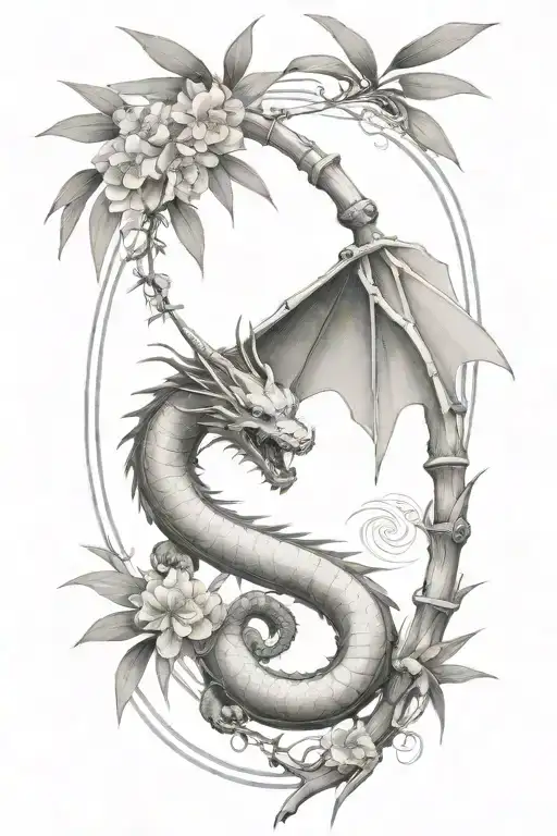 simple thin bamboo sticks with a traditional Japanese dragon flying up  tattoo design idea