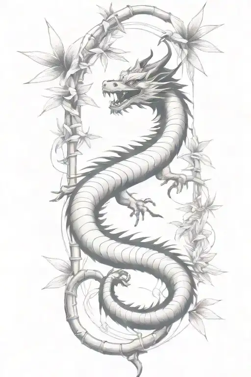 simple thin bamboo sticks with a traditional Japanese dragon flying up  tattoo design idea