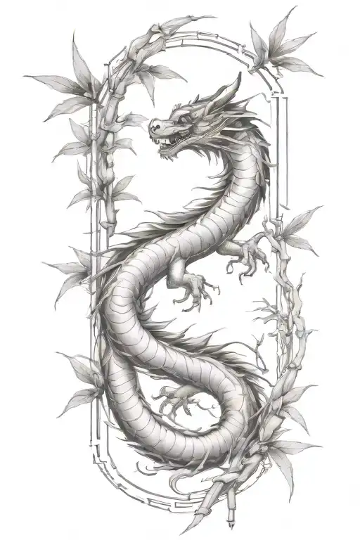 simple thin bamboo sticks with a traditional Japanese dragon flying up  tattoo design idea