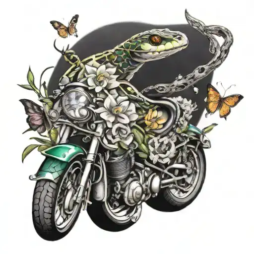 snake wrapped around a motorcycle with flowers, butterflies, dragonflies and bees tattoo design idea