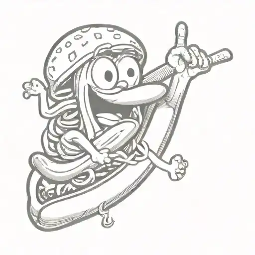 hotdog throwing a Shaka sign black and white outline  tattoo design idea
